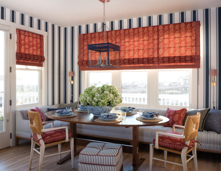 living room blue and white ticking