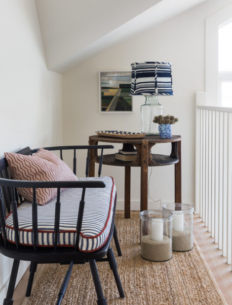 bue and white ticking bench