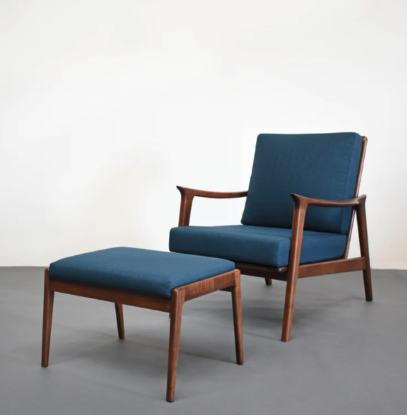 mid century modern blue chair and ottoman